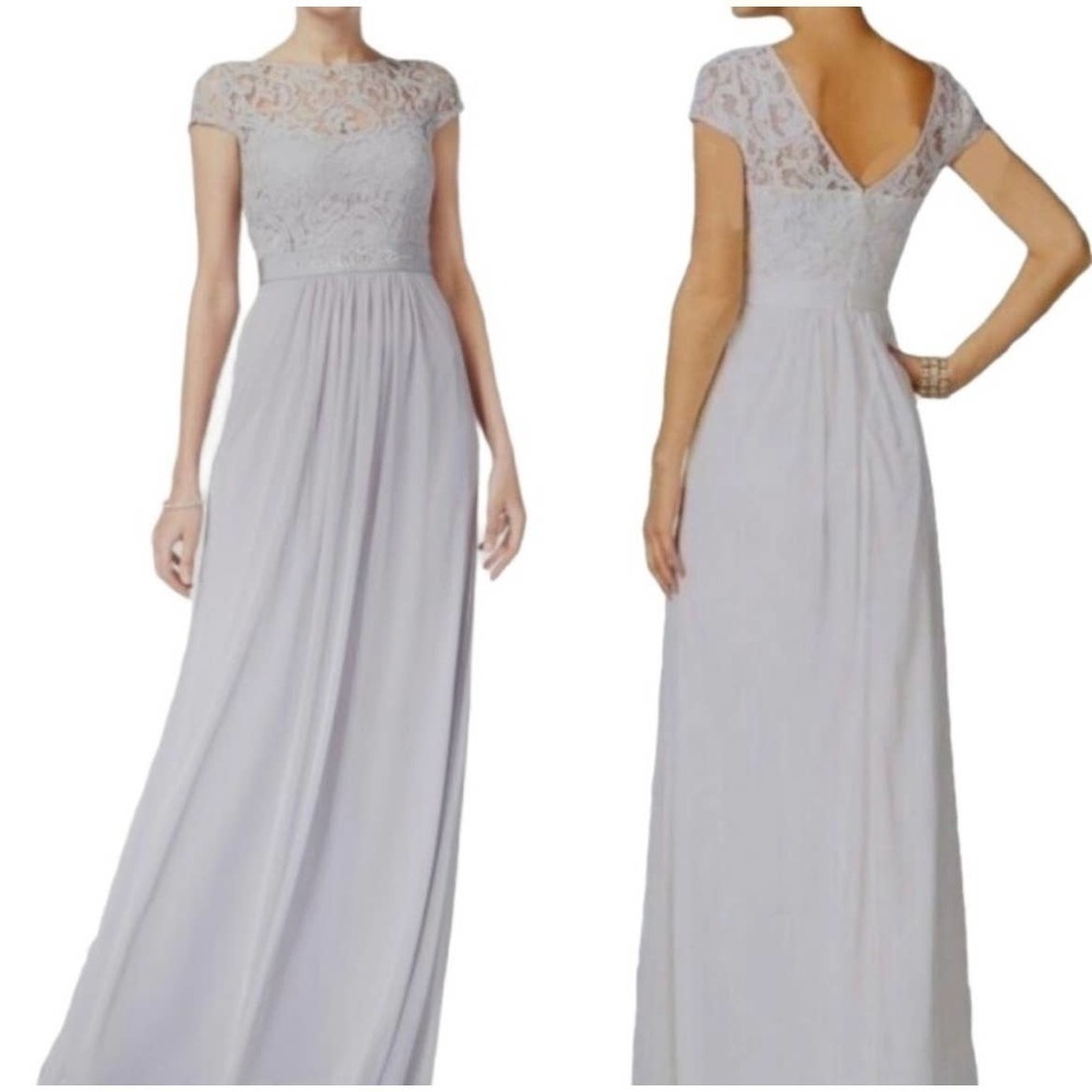 Adrianna Papell Gown Short Sleeve Lace Stretch Tulle Silver‎ Jewel Waist Size 6